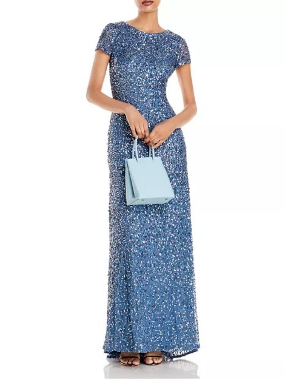 Adrianna Papell Blue Sequin Beaded Formal Gown Evening Dress Size 14